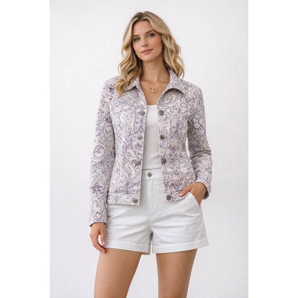 Chico's Paisley Jacket Size 2‎ US 12/14 Stretch Button Front Casual